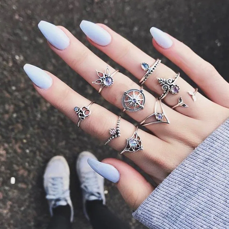 

9 Pcs/set Bohemian Mermaid Tail Compass Yoga Water Drop Hollow Carved Crystal Vintage Women Ring Set