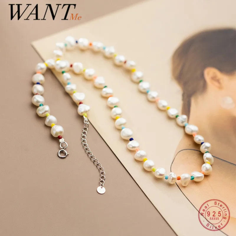 

WANTME Baroque Natural Freshwater Pearl Necklace 925 Sterling Silver Clavicle Necklace for Women Rainbow Glass Charm Jewelry