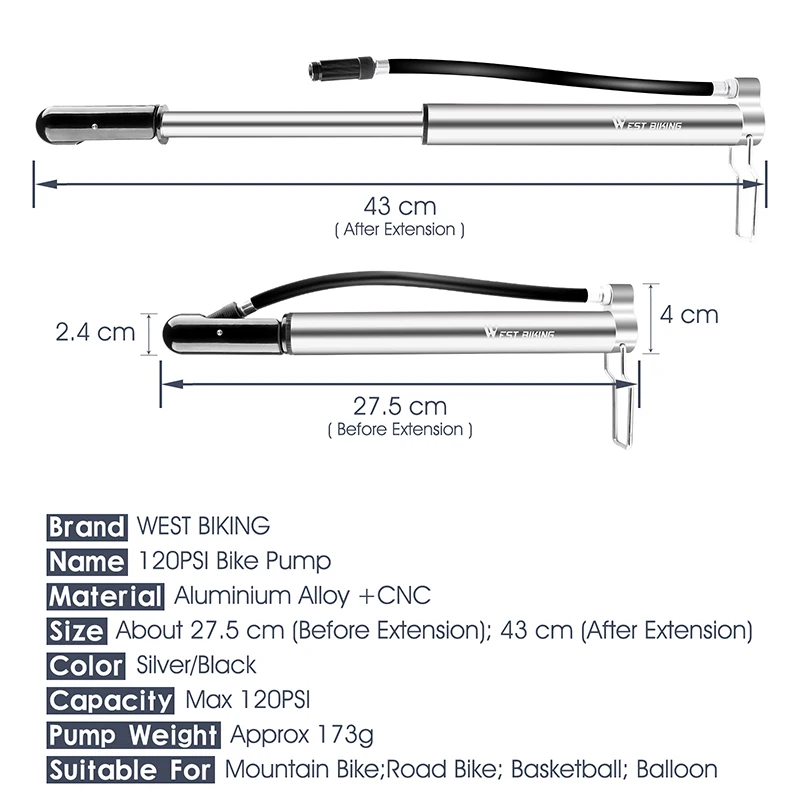

WEST BIKING Bicycle Pump 120PSI Presta/Schrader Road MTB Mountain Bike Pump Cycling Inflator Hand Pump For Bicycle