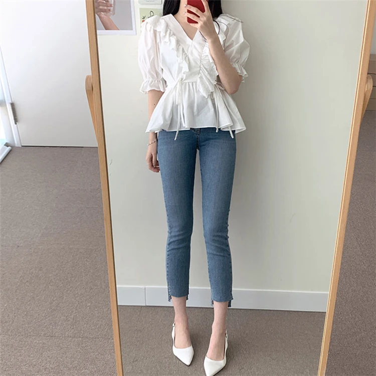 Новый 2021 летние женские блузки с v-образным вырезом буфами на рукавах в винтажном