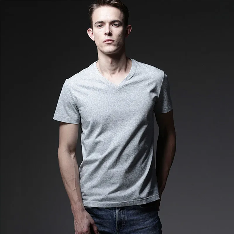Хлопковая Однотонная футболка Мужская с v-образным вырезом и коротким рукавом