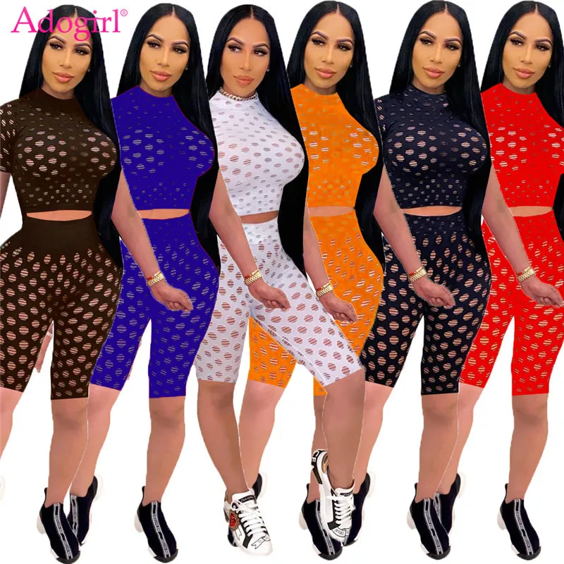 

Adogirl Women Sexy Hollow Out Two Piece Set Solid Tracksuit Short Sleeve Crop Top Shorts See Through Club Suit Home Apparel