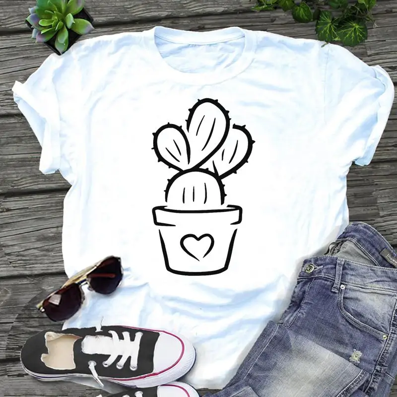

Женская футболка с принтом кактуса, Повседневная футболка с мультяшным принтом
