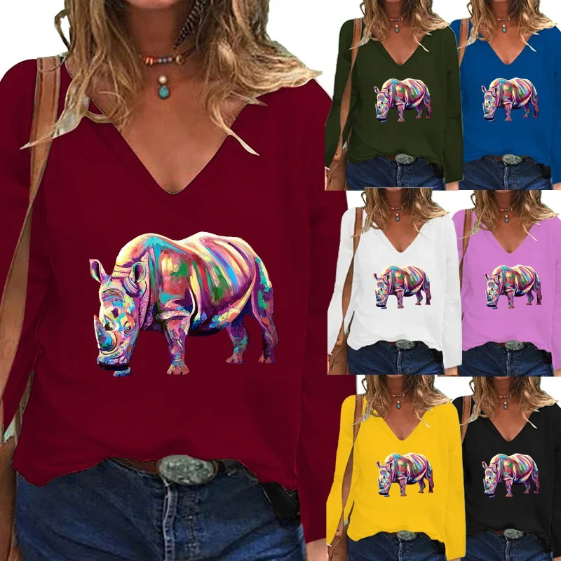 

Новая женская одежда, модная футболка с рисунком и V-образным вырезом, свободные повседневные топы с длинным рукавом