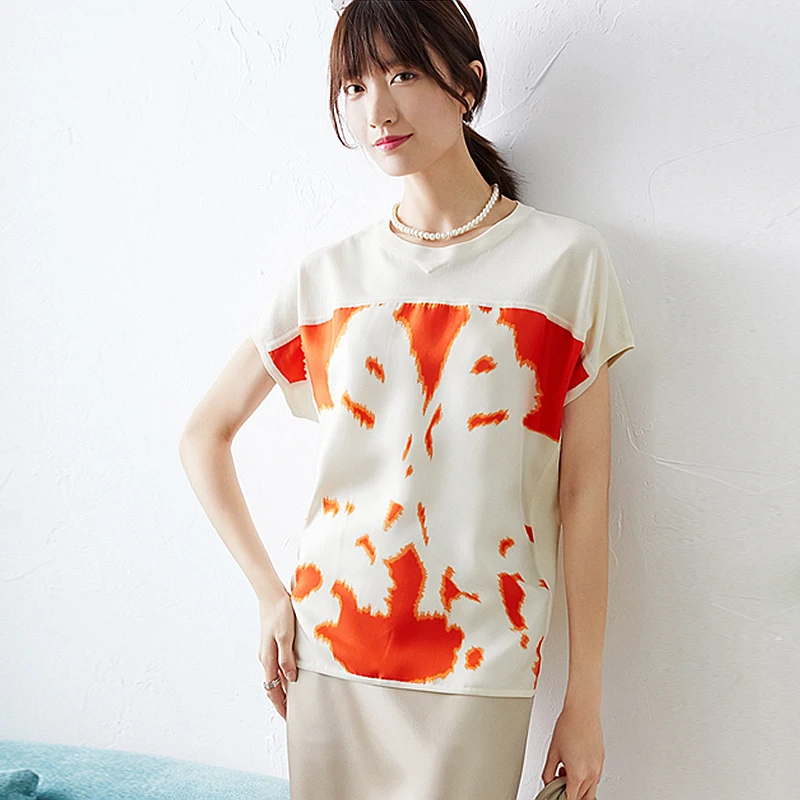 

T shirts Women Twill Silk Patchwork Fashionable Top Watercolor Printed O Neck Women Short Sleeve Casual Elegant New Fashion