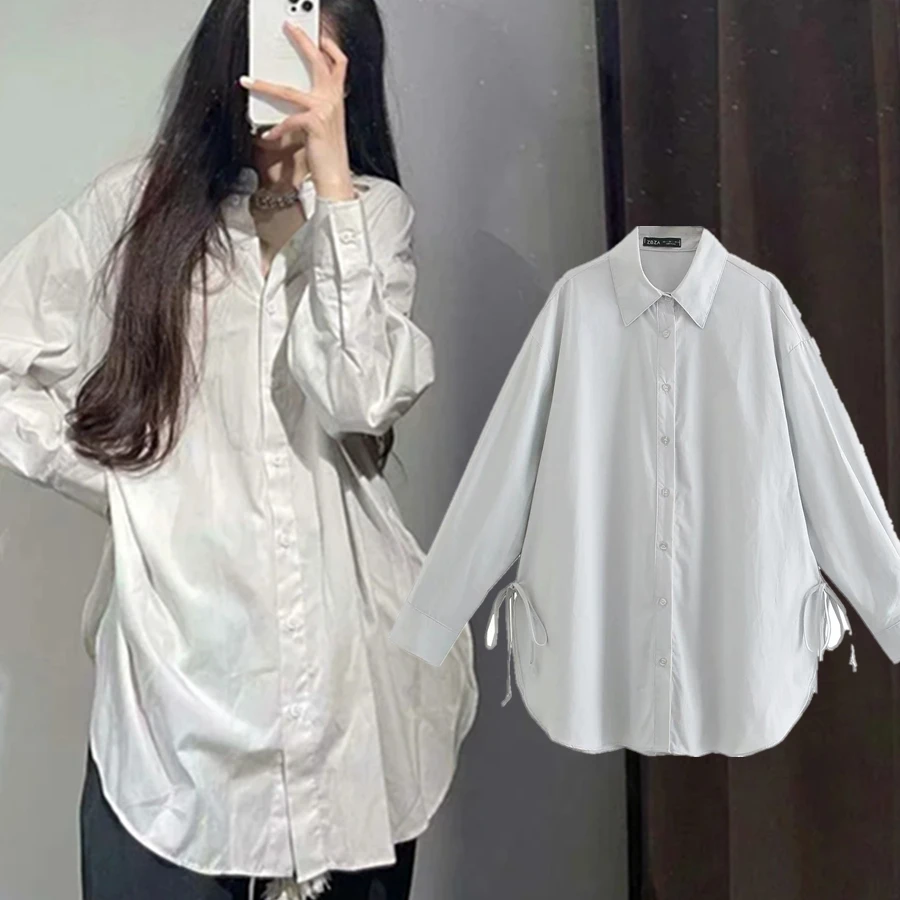 

Jenny&Dave Autumn Blouse Women England Fashion HIgh Street Vintage Bandage Of Side Loose Blusas Mujer De Moda 2022 Casual Shirt