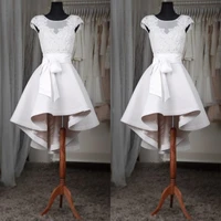 white short homecoming dresses sheer neck cap sleeves appliques lace satin custom made high low prom dresses fast shipping