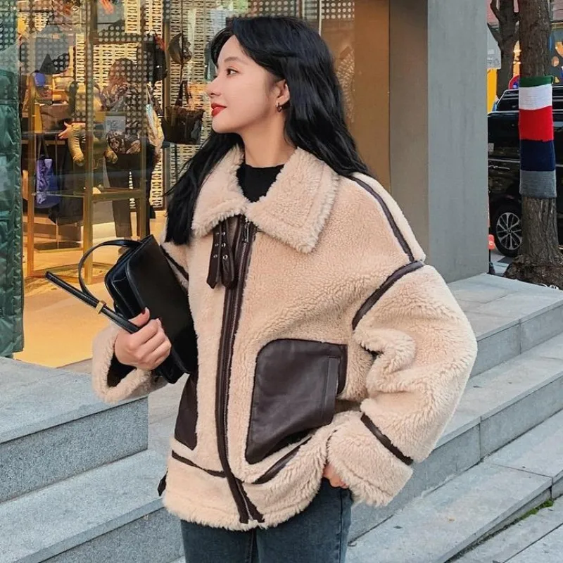 

Winter Fashion Coat Fleece Jacket Women Thick Loose Fit Turn-Down Collar Biker Jackets Streetwear Sweet Casual Female Outerwear