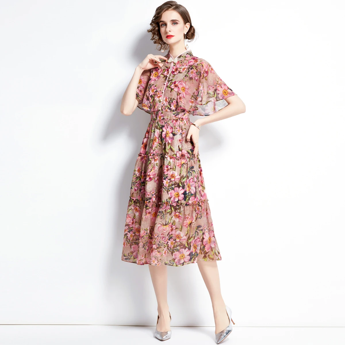 2021 New  Summer Women Fashion Designer Party Midi Dress Short Sleeve Gorgeous Beading Ruffles Floral Print A Line Dress