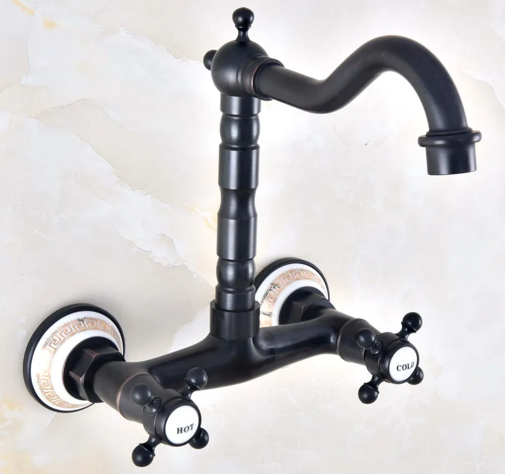 

Black Oil Rubbed Brass Double Handle/Hole Wall Mounted Kitchen Bathroom Basin Faucet Sink Mixer Tap Swivel Spout 360' dnf454