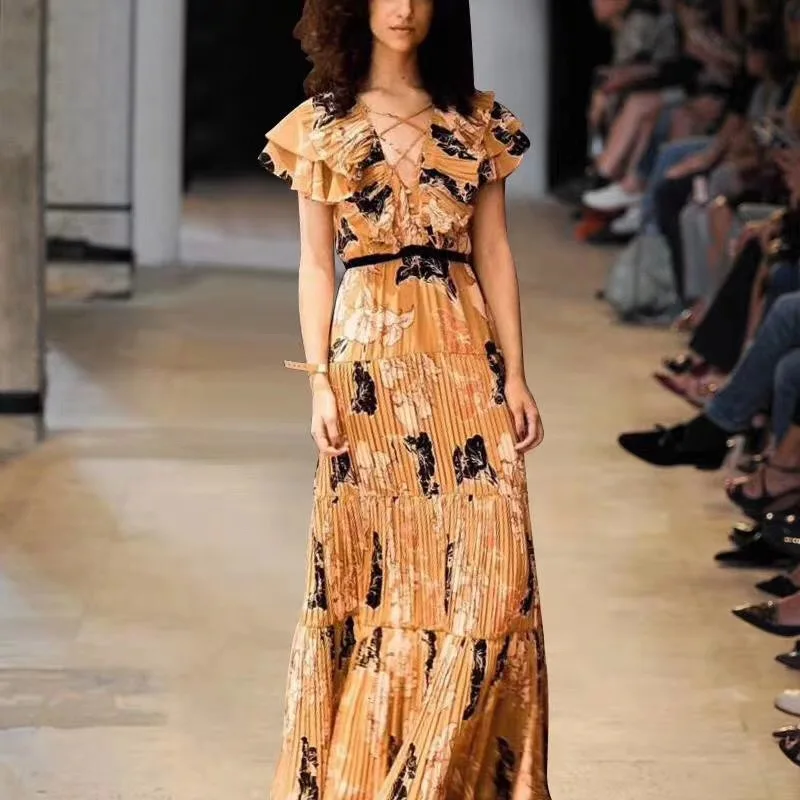 Женское шифоновое плиссированное платье макси HAMALIEL Элегантное летнее с оборками