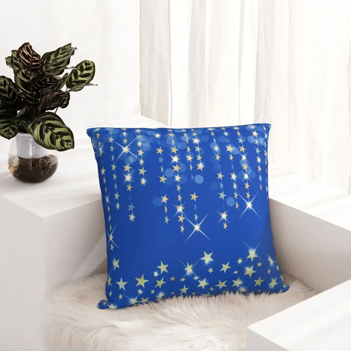 Golden Cobalt Blue Bling Starry Square Pillowcase Cushion Cover funny ZipperHome Decorative Polyester Throw Pillow Case for Sofa images - 6