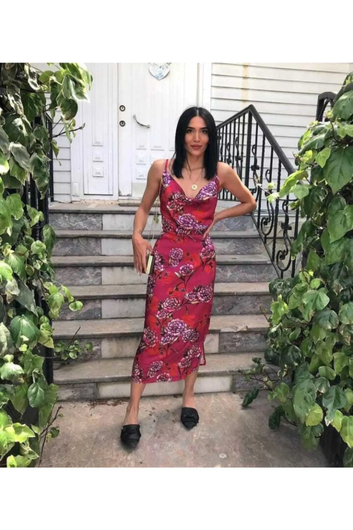 

Floral Satin Dress Standard Sleeveless Woven Trend Red Suspenders Slim