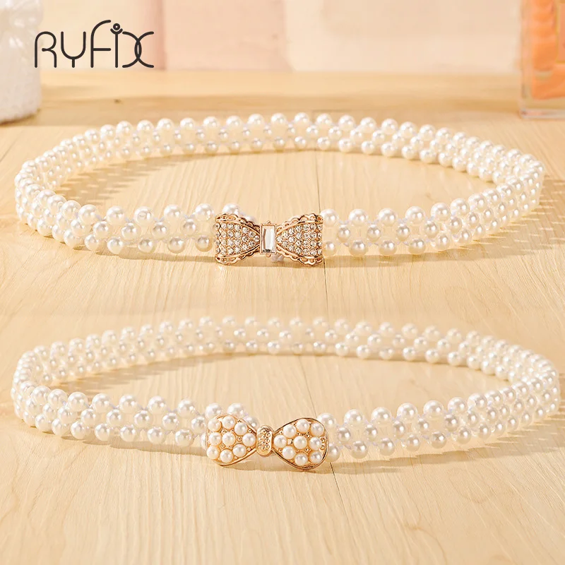 

Новинка 2022, модные эластичные ремни с маленькой золотой пряжкой и имитацией жемчуга для женщин, украшение для платья, бант, женский ремень ...