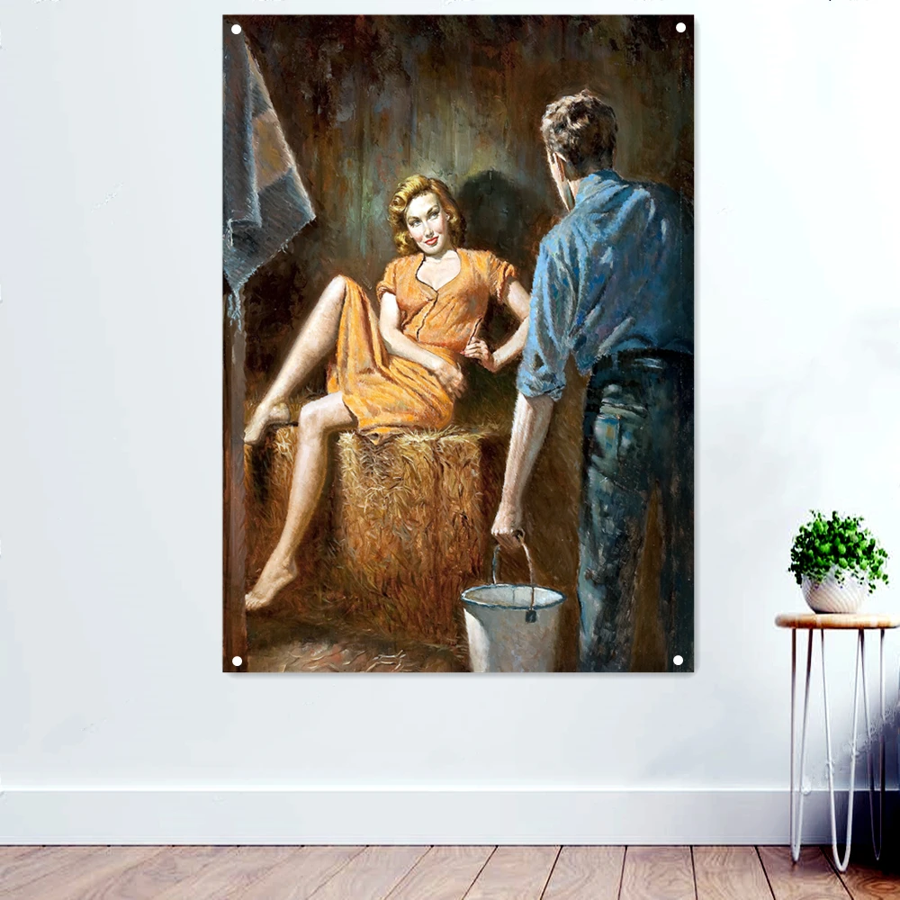 

Vintage Pin Up Girl Poster Wall Art Mural Noble Lady, Maid, Call Girl, Semi Nude Model Sexy Beauty Pose Banner Flag Artwork Gift