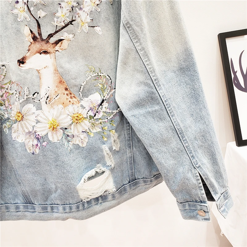 

Women Embroidery Beading Denim Coat Hole Ripped Loose Preppy Style Short Jacket Spring Autumn Light Blue Retro Outerwear Female