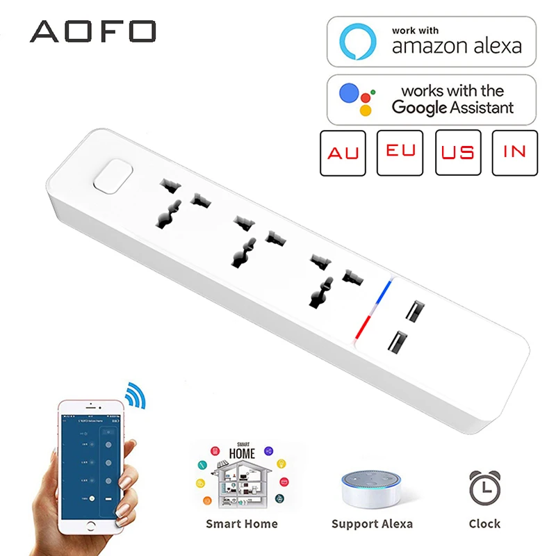 Умный удлинитель AOFO Wi Fi совместимый с Alexa Google Home 2 USB портами для зарядки и 4
