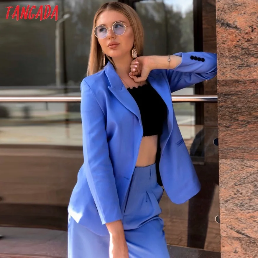 Tangada брючный костюм брюки с высокой талией голубые брюки брюки с завышенной талией синие брюки классические брюки брюки для офиса классический стиль SL235