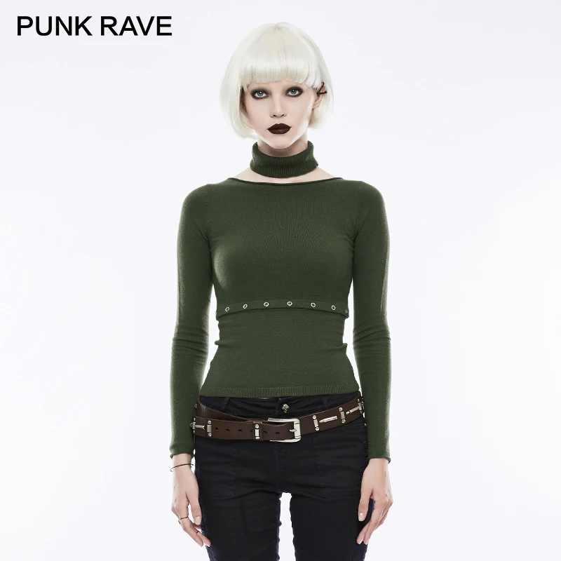 Женский Повседневный свитер в стиле панк с разрезом на талии длинным рукавом