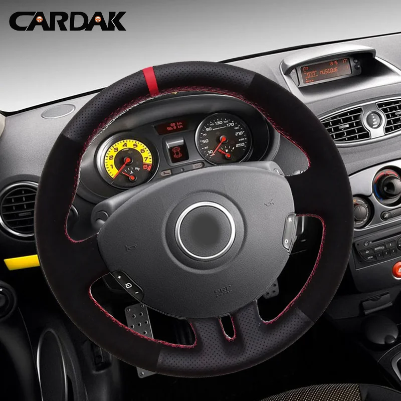 cardak black leather suede red marker car steering wheel cover for renault clio 3 2005 2013 clio dynamics 2008 mk 3 2010 free global shipping