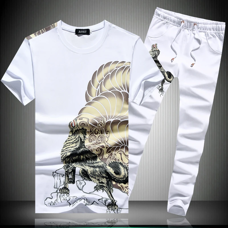 

Chinese style wolf pattern printing fashion short sleeve t shirt Summer quality cotton soft comfortable luxury t shirt men M-5XL