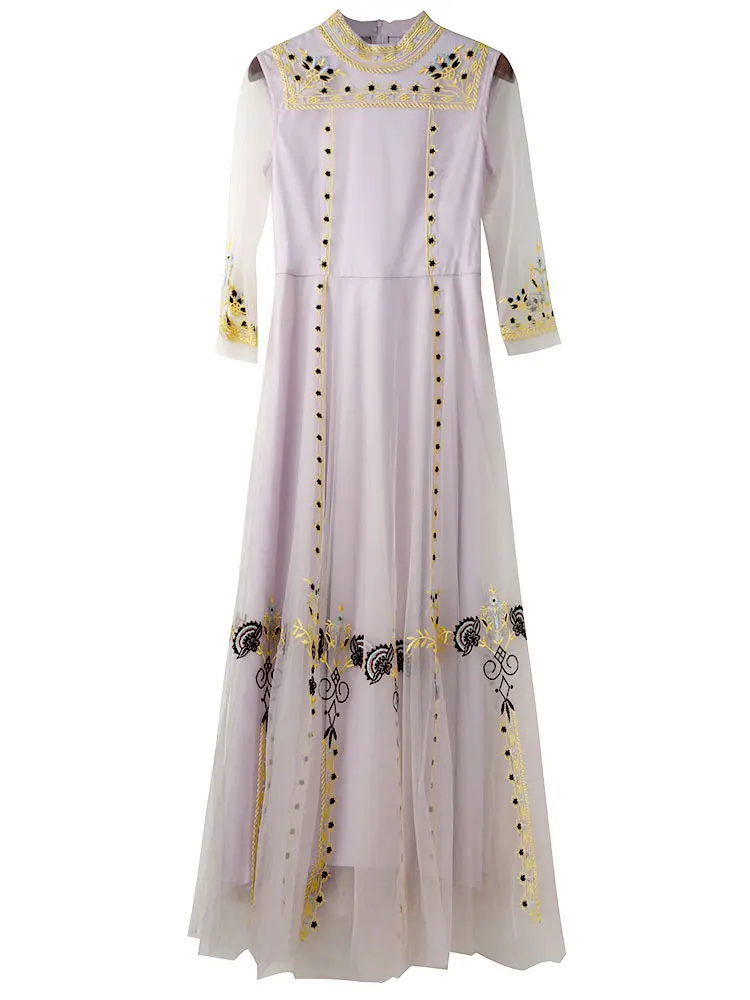 

New 2021 spring summer high quality Women runway dress designer 3/4 sleeve turtleneck maxi long floral embroidery mesh dresses