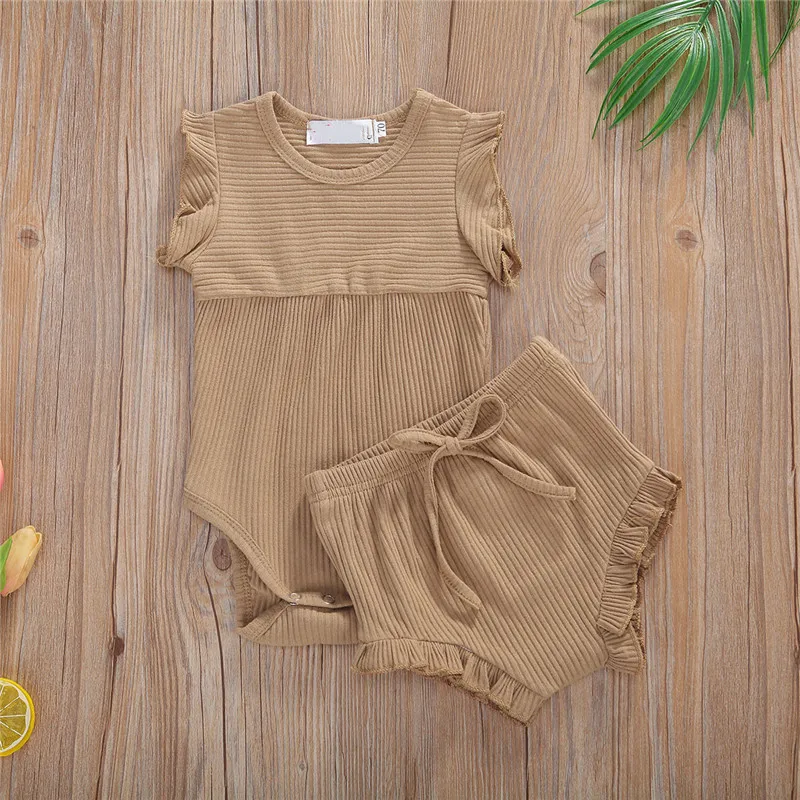

Toddler Baby Girl Boy Rib-knitted Sets 2Pcs Romper Shorts Pit Stripes Lotus Leaf Decoration High Elasticity Baby Summer Clothing