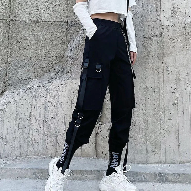 

2021 Autumn Fashion Streetwear Chain Trousers Casual Black Cargo Pants Women High Waist Buckle Ladies Loose Chain Female Pants