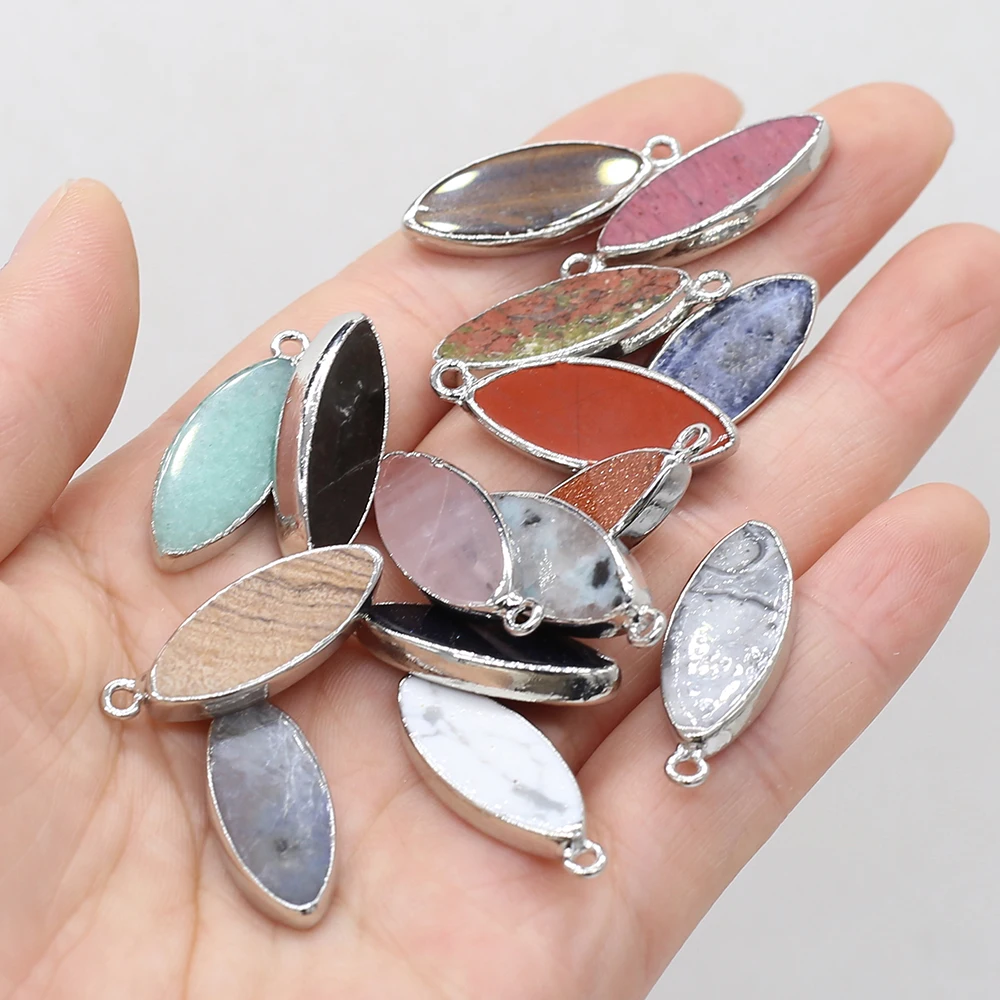 

Natural Stone Pendant Marquise Shape Silver Edge Necklace Pendant for Jewelry Making DIY Necklace Earrings Accessories 10x29mm