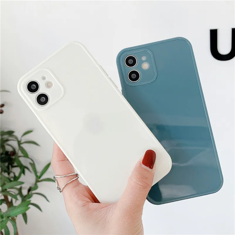 

For iPhone 11 12 Pro SE 2020 7 8 Plus X XR XS Max Solid Color Camera Protection Phone Case Candy Color Glossy Soft TPU Back Capa