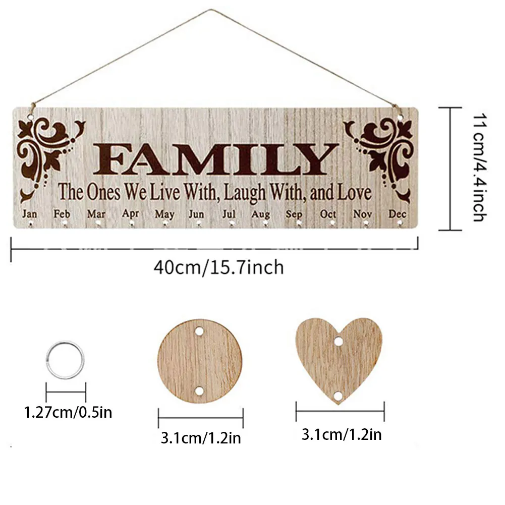 

Reminder Calendar Wood Family Birthday Memo Plaque Wall Hanging Sign with Tags for Home DIY Decor Wood New Year Decoration