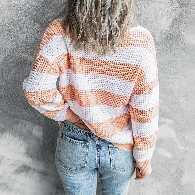 

Fall Winter 2021 Striped Print Women Sweaters V Neck Loose Warm Pullover Cashmere Jumper Soft Oversized Korean Jumpers