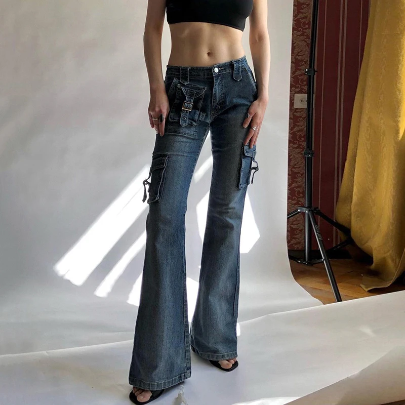 

Винтажные расклешенные джинсы WeiYao Y2K с карманами, уличная одежда в стиле пэчворк, синие джинсы-карго из денима, женские ретро модные брюки в ...