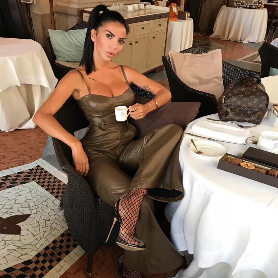 Модный облегающий комбинезон из искусственной кожи армейского зеленого цвета