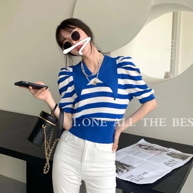 

Korean Trend Office Lady Retro Peter Pan Collar Puff Sleeve Strip Knitted Woman Tshirts Summer Tee Elegant 2021 New Female Tops