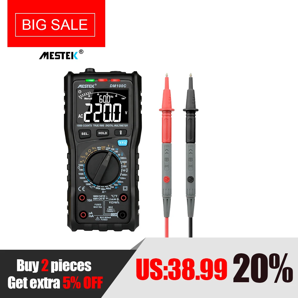 MESTEK DM100C True-RMS цифровой мультиметр Кнопка 10000 граф с аналоговым графом AC/DC Напряжение Амперметр Ток Ом Руководство/Авто