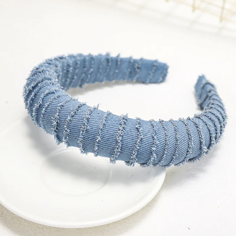 

CN 1PC Cool Women Denim Fabric Hair Hoop Solid Color Hair Ornament Chain Twisted Sponge Headband Fashion Hair Accessories
