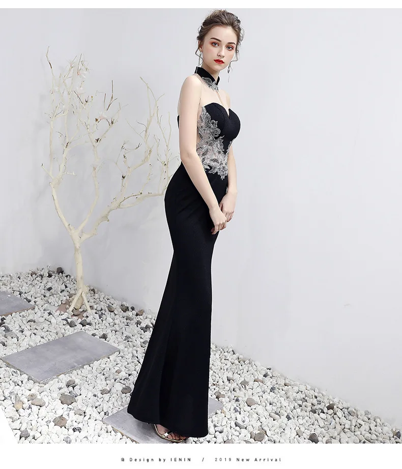 Глубокий v-образный вырез сексуальное Cheongsam вечернее китайское платье-Ципао черные длинные платья Восточный Стиль Сплит вечерние винтажное платье Qi Pao женское китайское