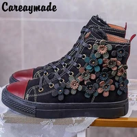 careaymade genuine leather womens bootsautumnwinter thickened wool decal flowers short boots flat bottom fashion warm shoes
