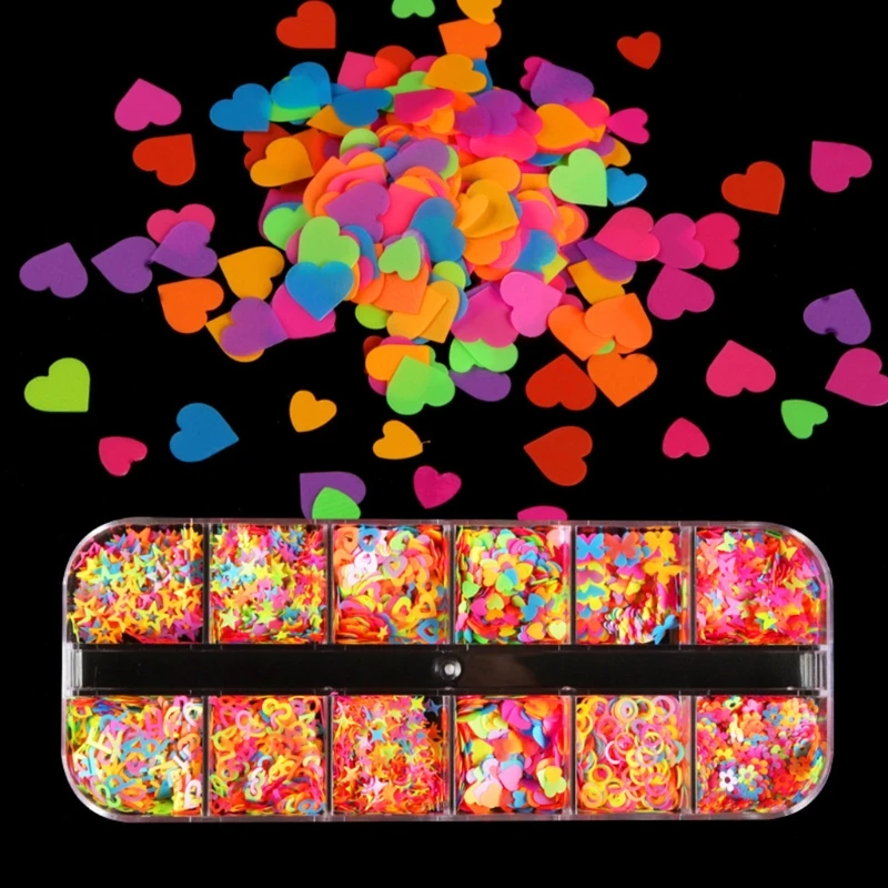 

12 Grids/Box Fluorescence Glitter Sequins Epoxy Resin Filling Butterfly Stars Love Heart Numbers English Mixed Color