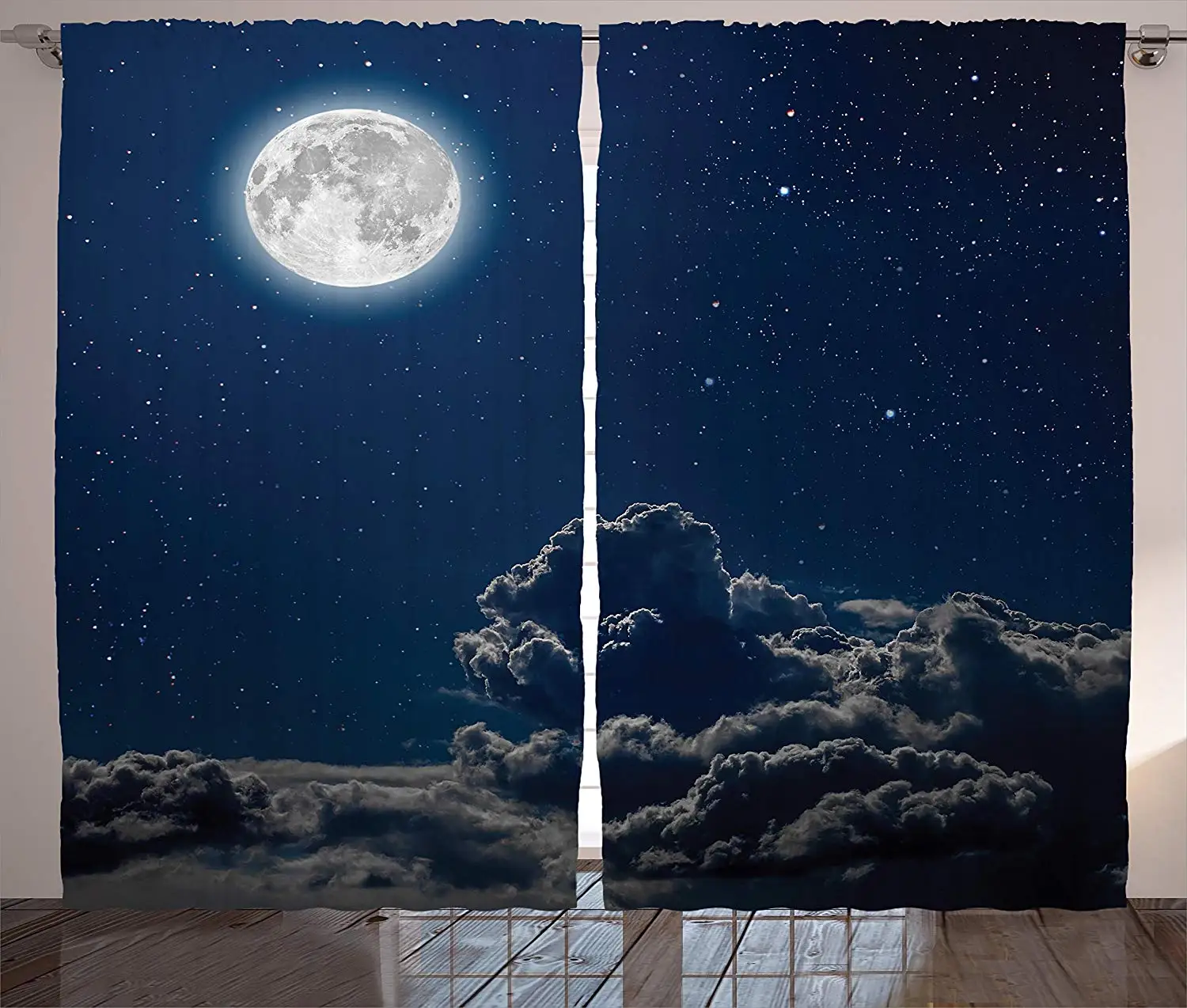 

Galaxy Curtains Moon and Stars in Magical Midnight Sky Starry Night with Clouds Milky Way Art Print Living Room Home Decor
