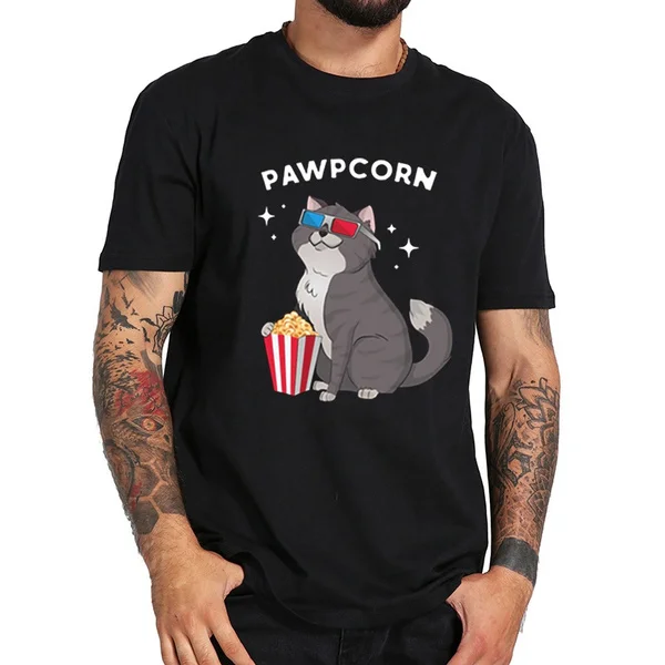 

pawpcorn funny cat with popcorn T Shirt Men Print Short Sleeves T-Shirt Hip Hop Tee Tops