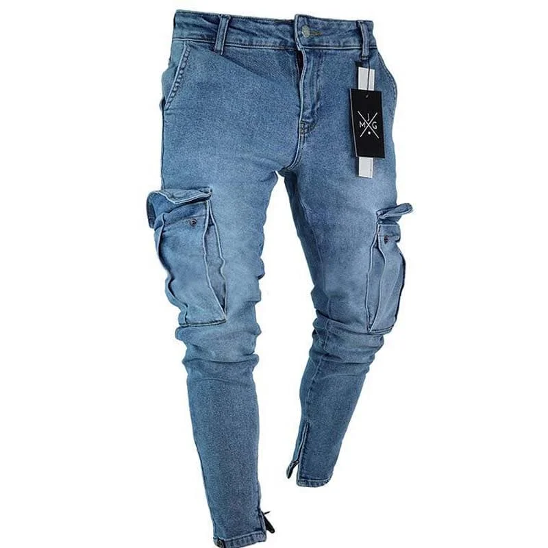 Men Jeans Casual Safari Style Pencil Pants Slim Male Denim Trousers Big Pocket Cargo Streetwear Plus Size 4XL SECENSE