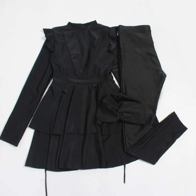 

Bushra Muslim Swimwear 3 Pieces Whole Black Ruffle Burkini With Bra Padding Swimsuits 2021 Maillot De Bain Femme Plus Size Set