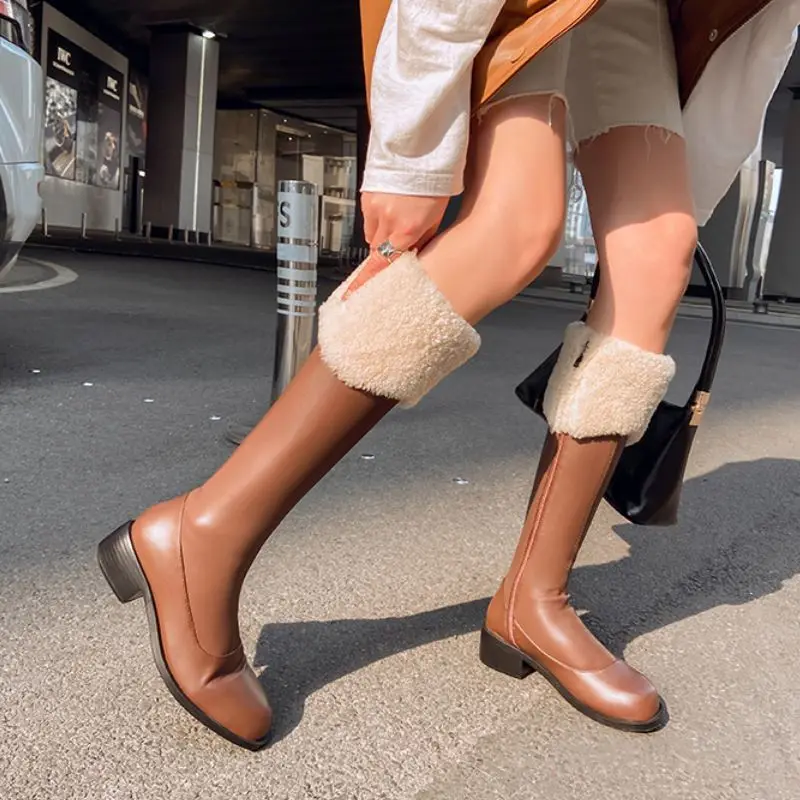 

Rizabina Size 32-43 Women Knee Boots Real Leather Fashion Zip Warm Fur Winter Shoes Woman High Heel Long Boot Lady Footwear