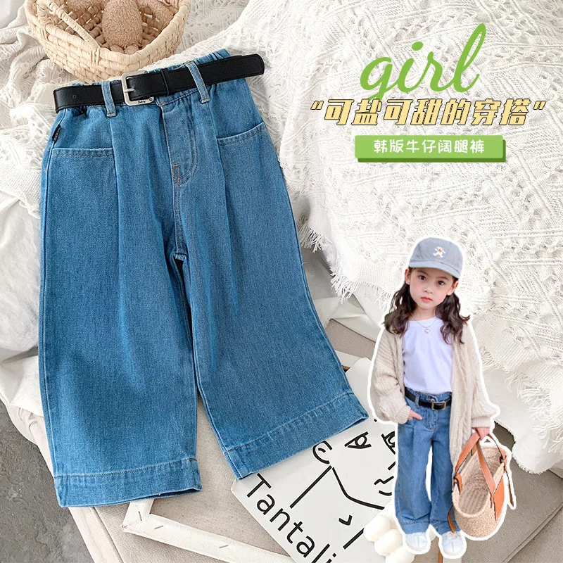 

Джинсы с широкими штанинами для девочек, Новинка осени 2021, детские свободные тонкие прямые брюки, мягкие джинсовые брюки, джинсы для девочек