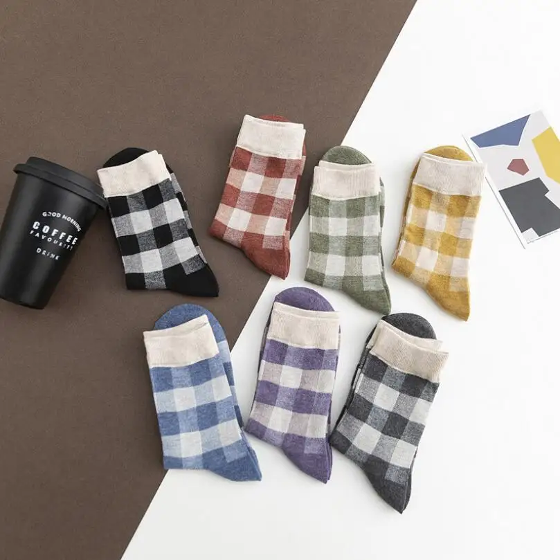 Girls Plaid Print Cotton Crew Socks White Cuff Women Soft Checks Prints Warm Winter Socks Ankle Socks Short Socks 7 pairs/lot