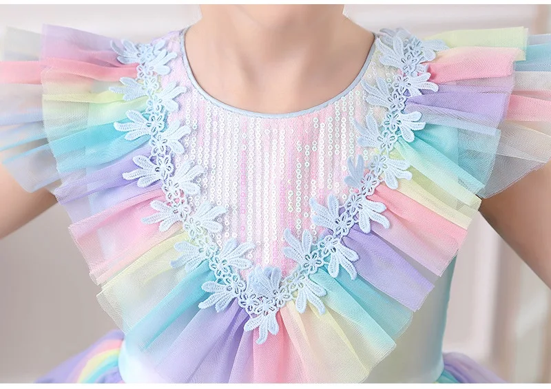 

2021 new girls' birthday party dinner lace Sequin dress children's Christmas communion Party Cake mesh Rainbow Dress