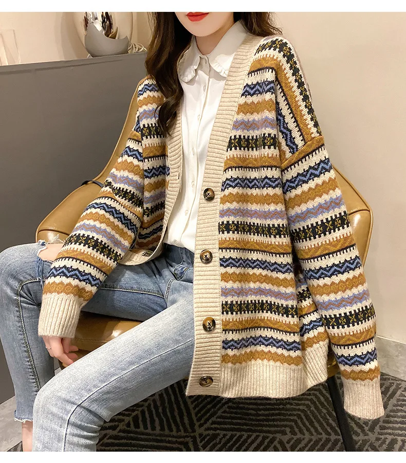 

Fashion striped sweater cardigan coat women's new spring and autumn 2021 knitted V-neck loose top fashion