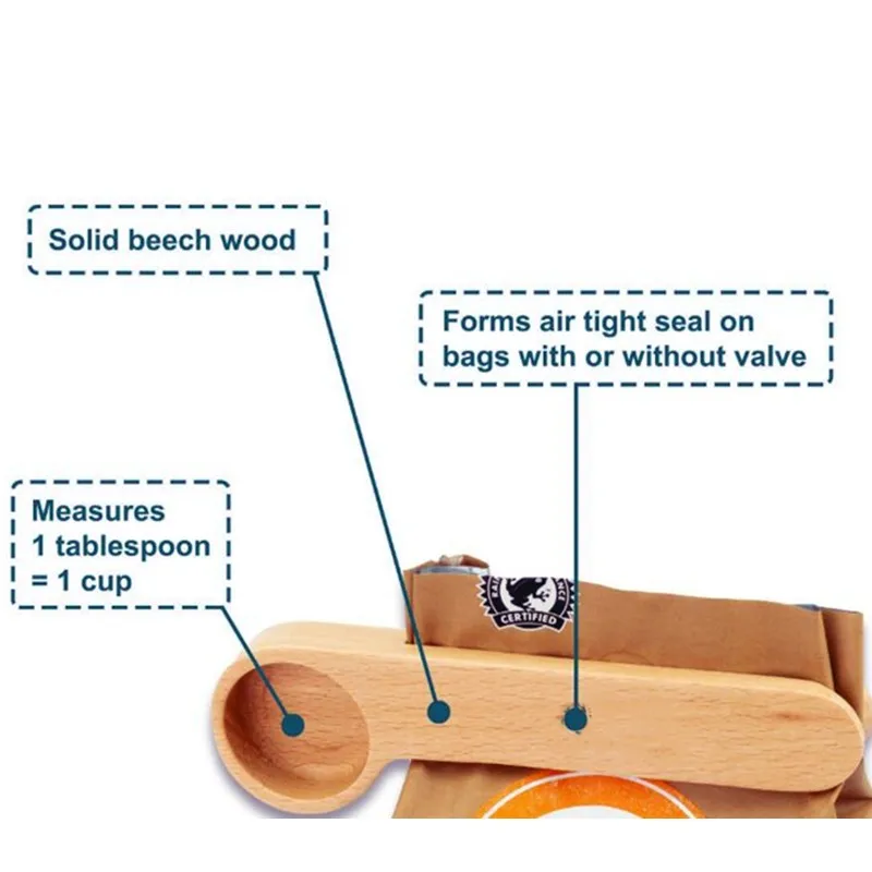 

Ground Coffee Scoop Clip Wooden Coffee Scooper 1 Tablespoon Beechwood Measuring Spoon Long Handle Wood Sealing Bag Clip